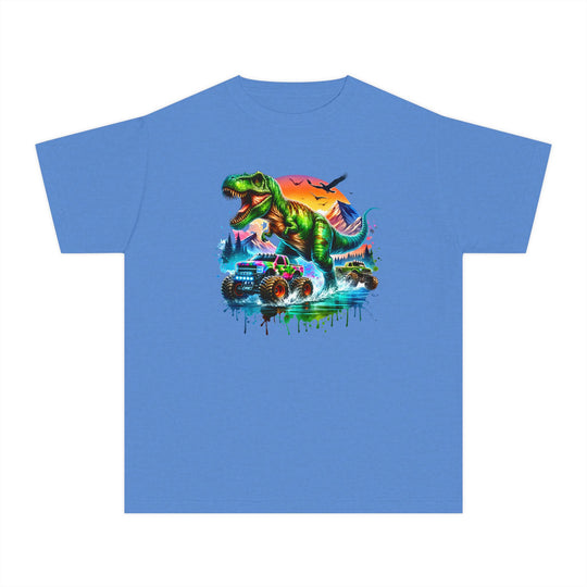 Dino Truck Kids Tee with a vivid T-Rex and monster trucks graphic, perfect for active kids. Made of soft-washed, 100% combed cotton for comfort and durability.
