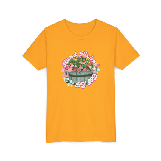 Hand Picked by GOD Youth Tee, a lightweight, soft short-sleeve shirt perfect for kids, featuring custom artwork display and comfortable ribbed collar.
