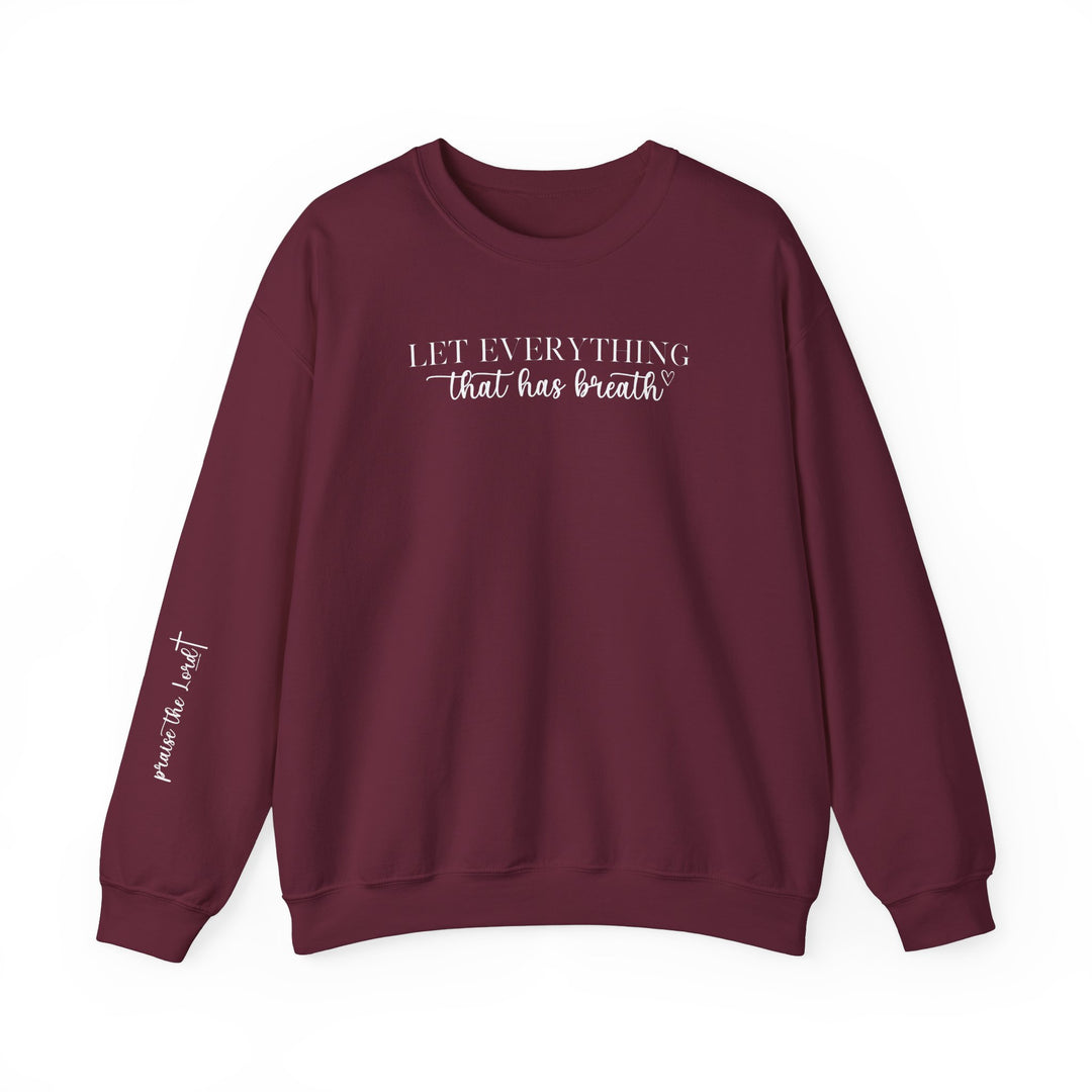 Unisex heavy blend crewneck sweatshirt featuring Let Everything That Has Breath Praise the Lord design. Made of 50% cotton, 50% polyester for comfort and durability. Ribbed knit collar, classic fit, double-needle stitching for lasting quality.