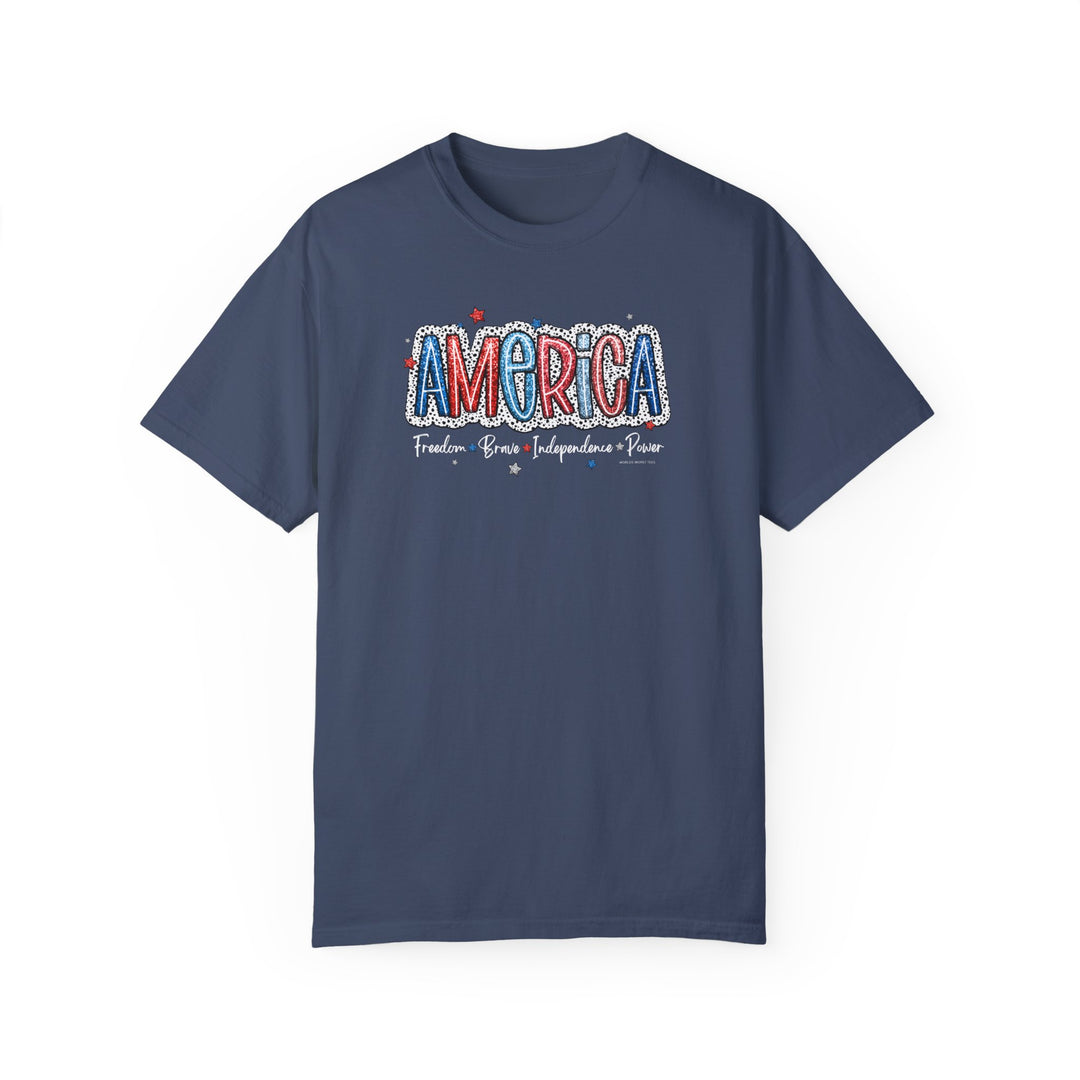 America Tee: Garment-dyed t-shirt in ring-spun cotton, medium weight, relaxed fit, durable double-needle stitching, and seamless design for comfort. From Worlds Worst Tees.