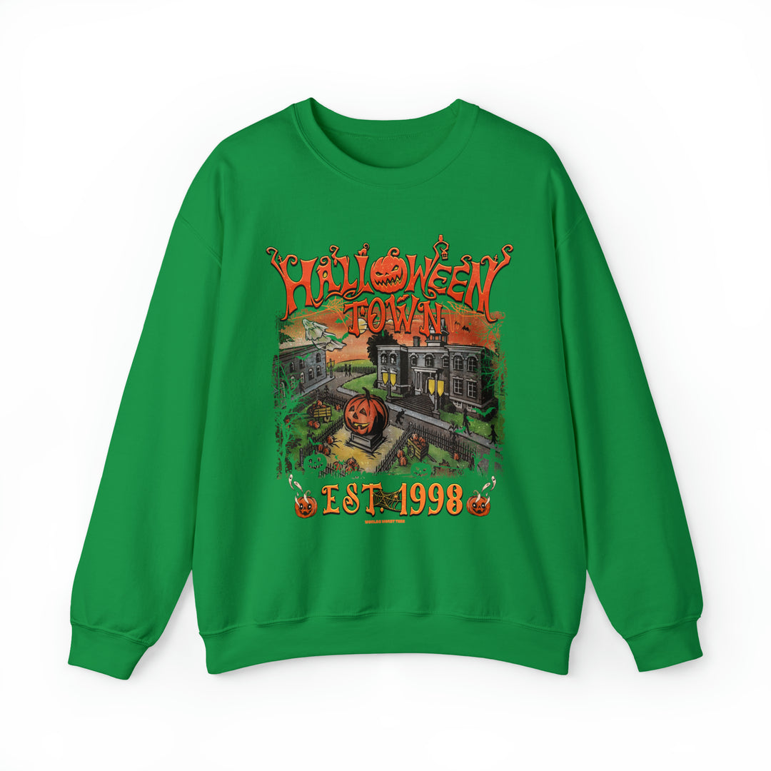 Unisex Halloweentown Crew sweatshirt with train, pumpkin, and house designs. Cotton-polyester blend, ribbed knit collar, loose fit, medium-heavy fabric. Comfortable for any occasion.
