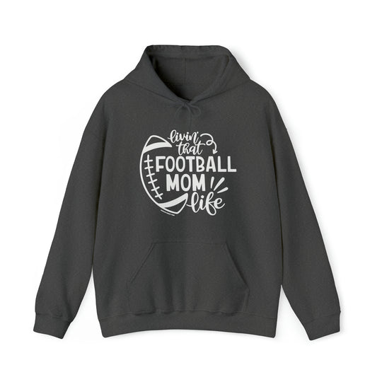 A grey Football Mom Life hoodie with a football design and white text. Unisex heavy cotton tee with no side seams, tape on shoulders, and ribbed knit collar. Classic fit, 100% cotton.