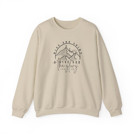 Unisex Rise and Shine Crew sweatshirt with mountain and sun graphic. Cotton-polyester blend, ribbed knit collar, no itchy seams. Medium-heavy fabric, loose fit, true to size.