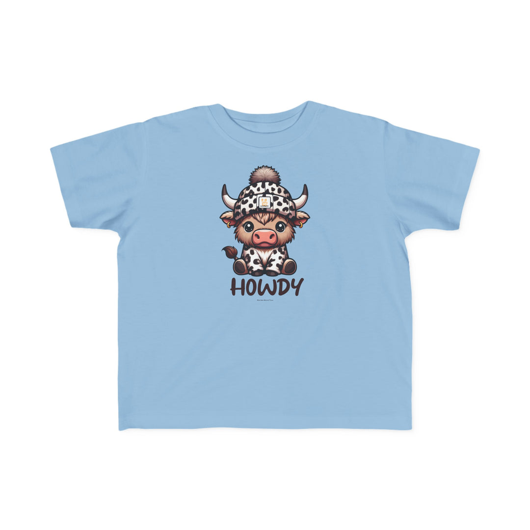 A playful Howdy Toddler Tee featuring a cartoon cow in a hat on a blue shirt. Made of soft 100% cotton, light fabric, with a classic fit. Sizes: 2T, 3T, 4T, 5-6T.