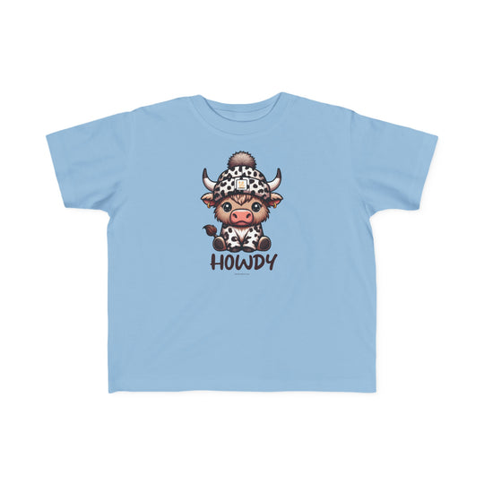 A playful Howdy Toddler Tee featuring a cartoon cow in a hat on a blue shirt. Made of soft 100% cotton, light fabric, with a classic fit. Sizes: 2T, 3T, 4T, 5-6T.
