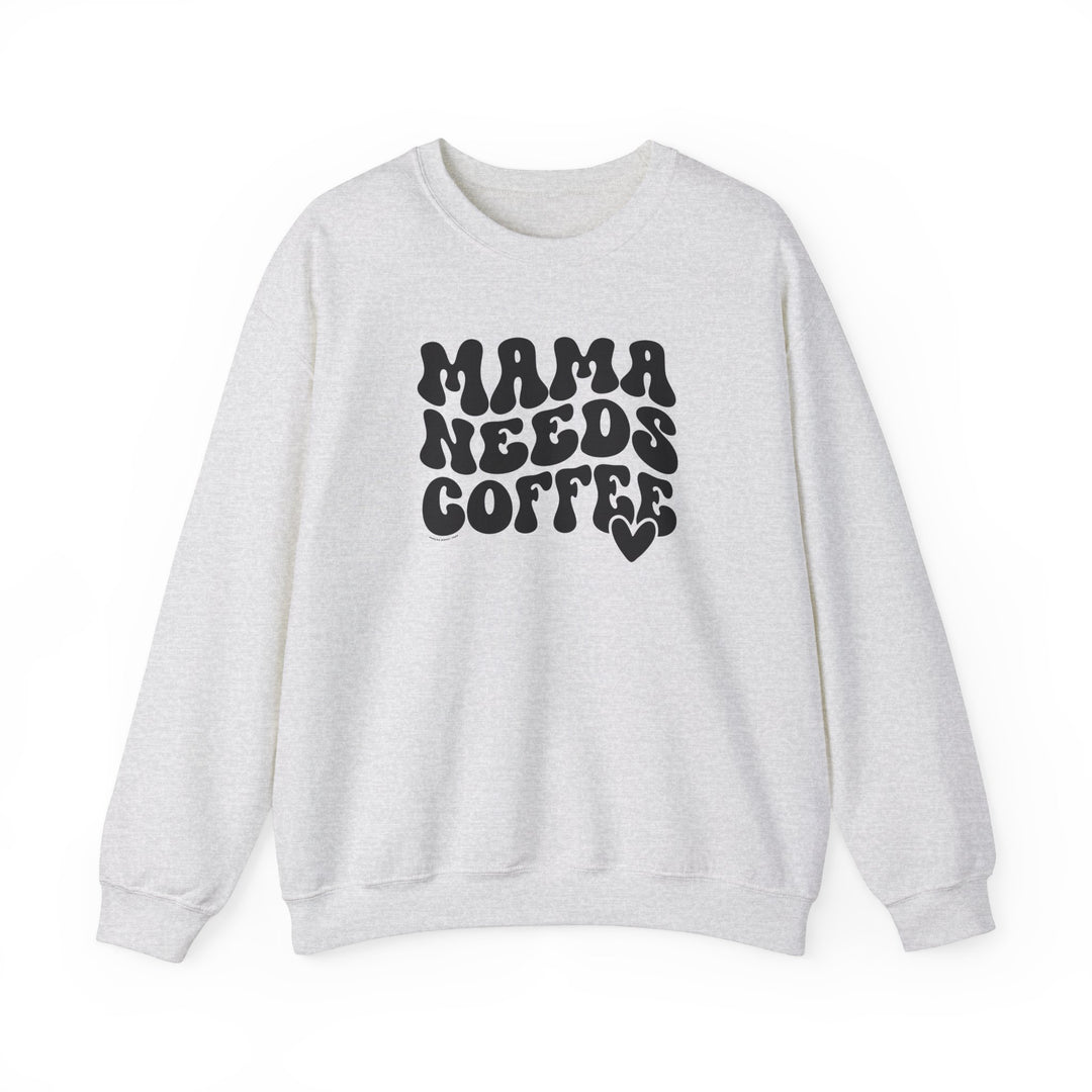 A cozy Mama Needs Coffee Crew unisex sweatshirt with ribbed knit collar, no itchy seams, and a loose fit. 50% cotton, 50% polyester blend, medium-heavy fabric. Sizes S-5XL.