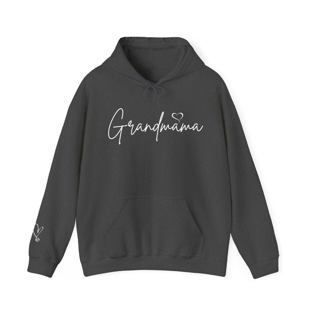 Alt text: Grandmama Hoodie: Unisex black hooded sweatshirt with white text, cotton-polyester blend, kangaroo pocket, no side seams, classic fit, tear-away label. Ideal for warmth and comfort. From Worlds Worst Tees.