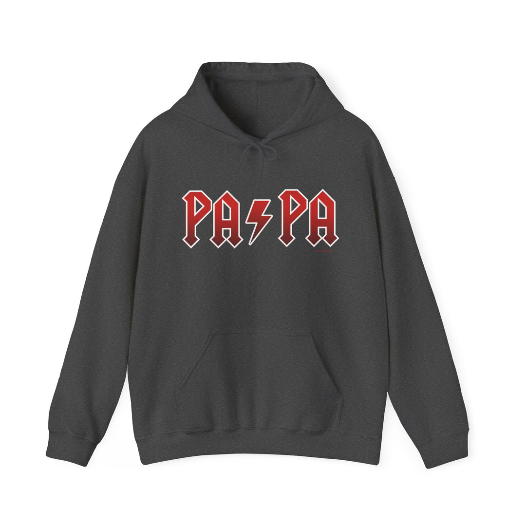 A black hoodie with red letters and a lightning bolt design, featuring a kangaroo pocket and drawstring hood. Unisex heavy blend for warmth and comfort, ideal for cold days. Pa/Pa Hoodie by Worlds Worst Tees.