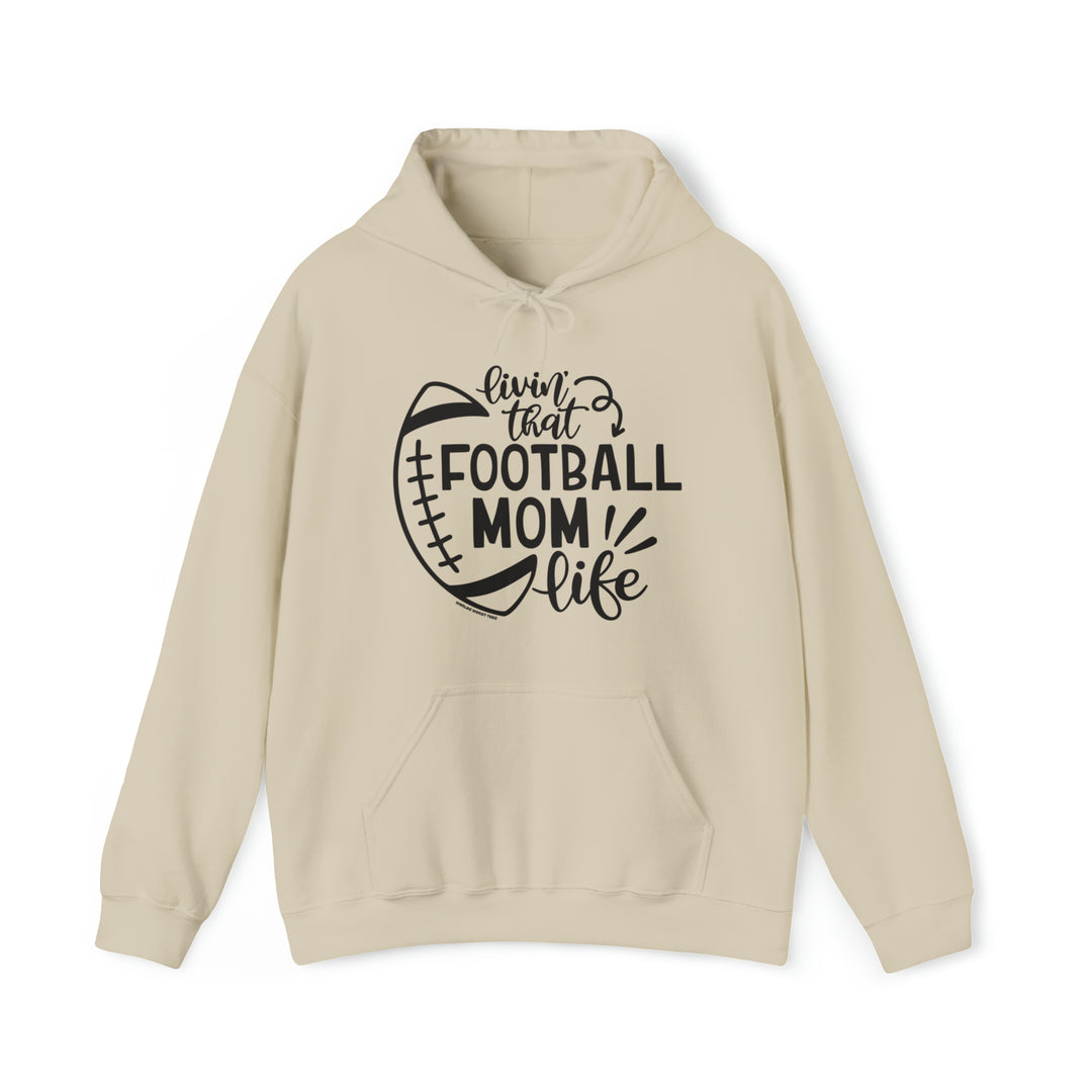 Unisex Football Mom Life Hoodie: Beige with black text. Heavy cotton tee, no side seams, durable tape on shoulders, ribbed knit collar. Classic fit, 100% cotton. Sizes S-5XL.