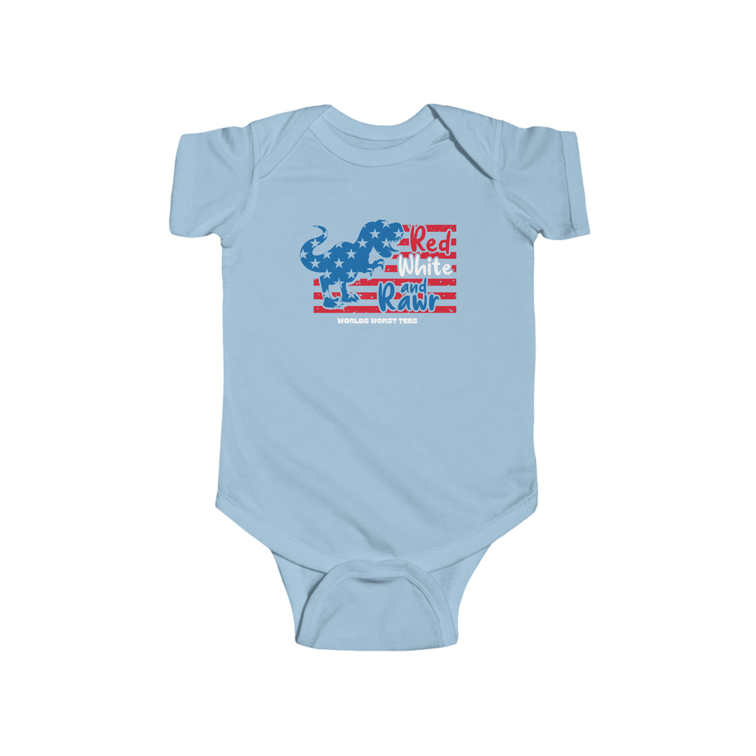 A baby bodysuit featuring a dinosaur graphic, ideal for infants. Made of soft, durable 100% cotton fabric with ribbed bindings and plastic snaps for easy changing. From Worlds Worst Tees.