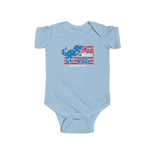 A baby bodysuit featuring a dinosaur graphic, ideal for infants. Made of soft, durable 100% cotton fabric with ribbed bindings and plastic snaps for easy changing. From Worlds Worst Tees.