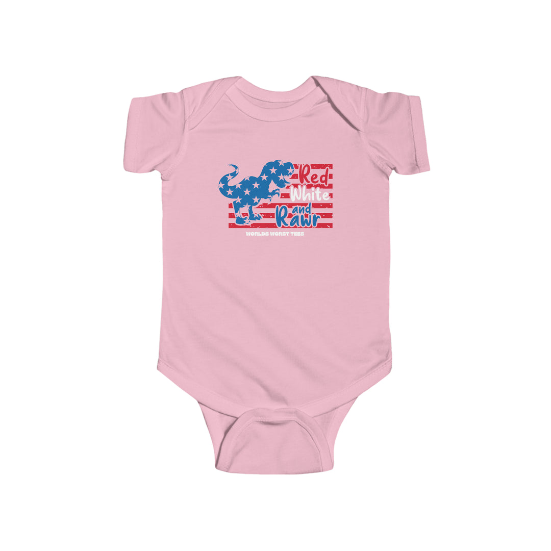 Infant fine jersey bodysuit featuring a pink design with a dinosaur and stars. Made of 100% cotton for durability and softness. Plastic snaps for easy changing access. From Worlds Worst Tees.