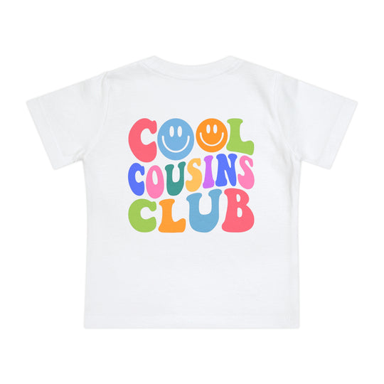 Cool Cousins Club Baby Tee: a soft, shrink-resistant crew neck designed for comfort and durability, perfect for stylish first steps. Made from airlume combed ringspun cotton.