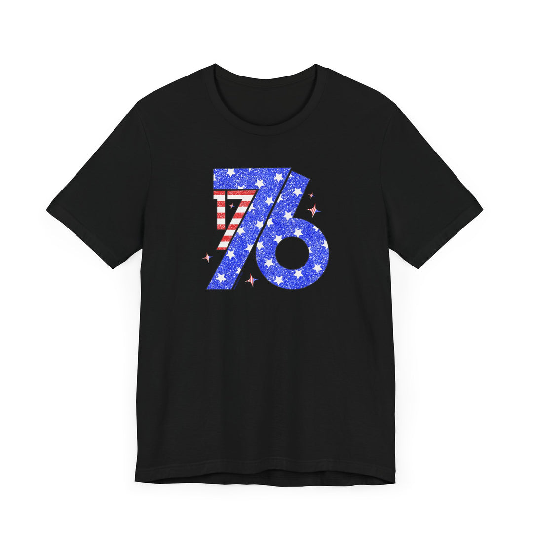 A classic black tee featuring a number and stars, embodying patriotic vibes. Unisex jersey shirt with ribbed knit collar, 100% cotton, retail fit, tear away label. Ideal for a comfy, stylish look.