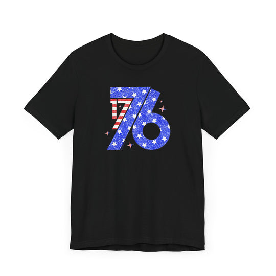 A classic black tee featuring a number and stars, embodying patriotic vibes. Unisex jersey shirt with ribbed knit collar, 100% cotton, retail fit, tear away label. Ideal for a comfy, stylish look.
