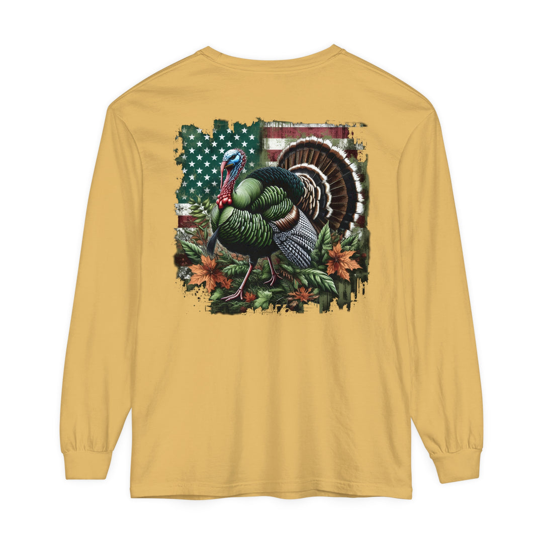 A Turkey Hunting Long Sleeve T-Shirt in yellow, featuring a turkey design. Made of 100% ring-spun cotton with a relaxed fit for ultimate comfort. Ideal for casual wear. From Worlds Worst Tees.