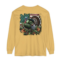 A Turkey Hunting Long Sleeve T-Shirt in yellow, featuring a turkey design. Made of 100% ring-spun cotton with a relaxed fit for ultimate comfort. Ideal for casual wear. From Worlds Worst Tees.