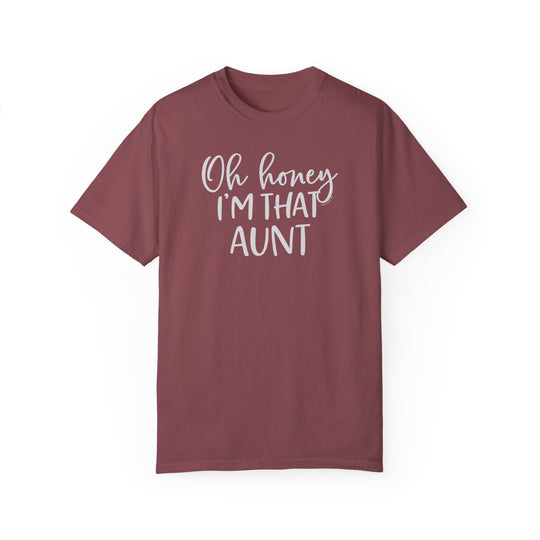 Red tee with white text, Oh Honey I'm that Aunt, close-up. 100% ring-spun cotton, garment-dyed for coziness. Relaxed fit, durable double-needle stitching, no side-seams for tubular shape.