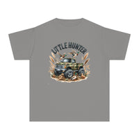 Little Hunter Kids Tee: A camo-patterned shirt featuring a truck and ducks, perfect for active kids. 100% cotton, soft-washed, and garment-dyed for comfort and durability. Ideal for playtime or study sessions.