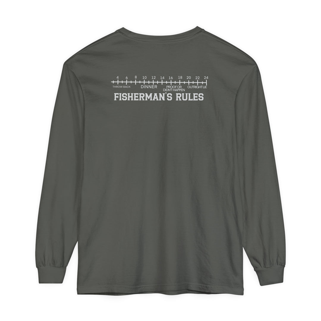 A Lucky Bones Fishing Club Long Sleeve Tee in grey with white text, featuring a relaxed fit and 100% ring-spun cotton for softness and style. Perfect for casual comfort with a classic look.