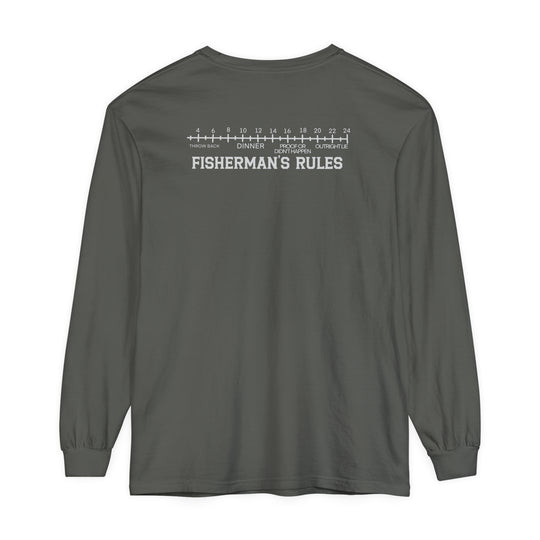 A Lucky Bones Fishing Club Long Sleeve Tee in grey with white text, featuring a relaxed fit and 100% ring-spun cotton for softness and style. Perfect for casual comfort with a classic look.
