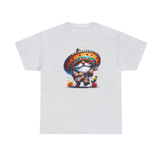 Mexican Gnome Tee: Unisex cotton t-shirt featuring a cartoon gnome playing a guitar. Classic fit, crew neckline, tear-away label, and ethically sourced US cotton. Ideal for casual fashion.