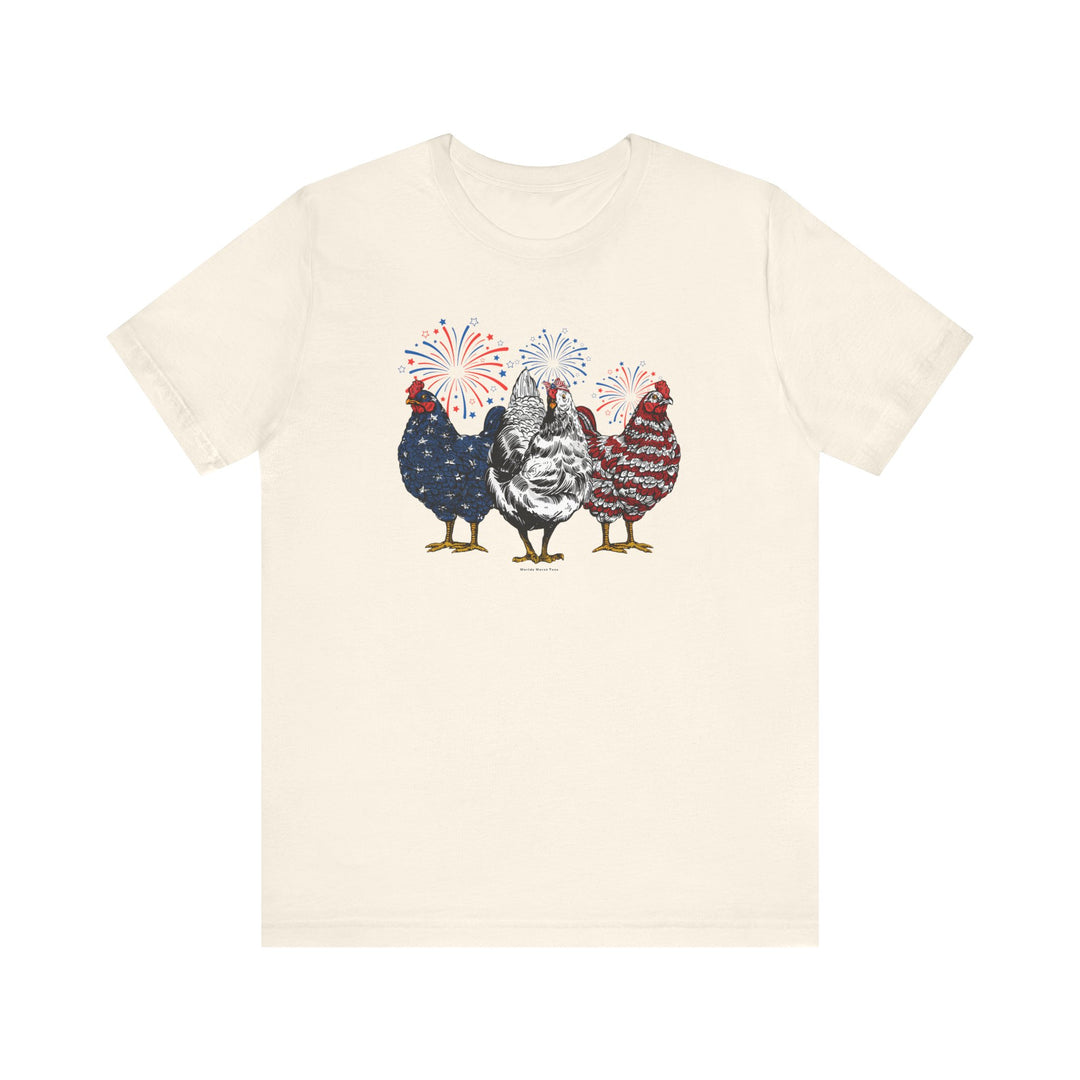 A white t-shirt featuring a playful design of chickens and fireworks, embodying a festive and unique style. Made of 100% Airlume combed and ringspun cotton, with ribbed knit collars and taping on shoulders for lasting comfort and fit.