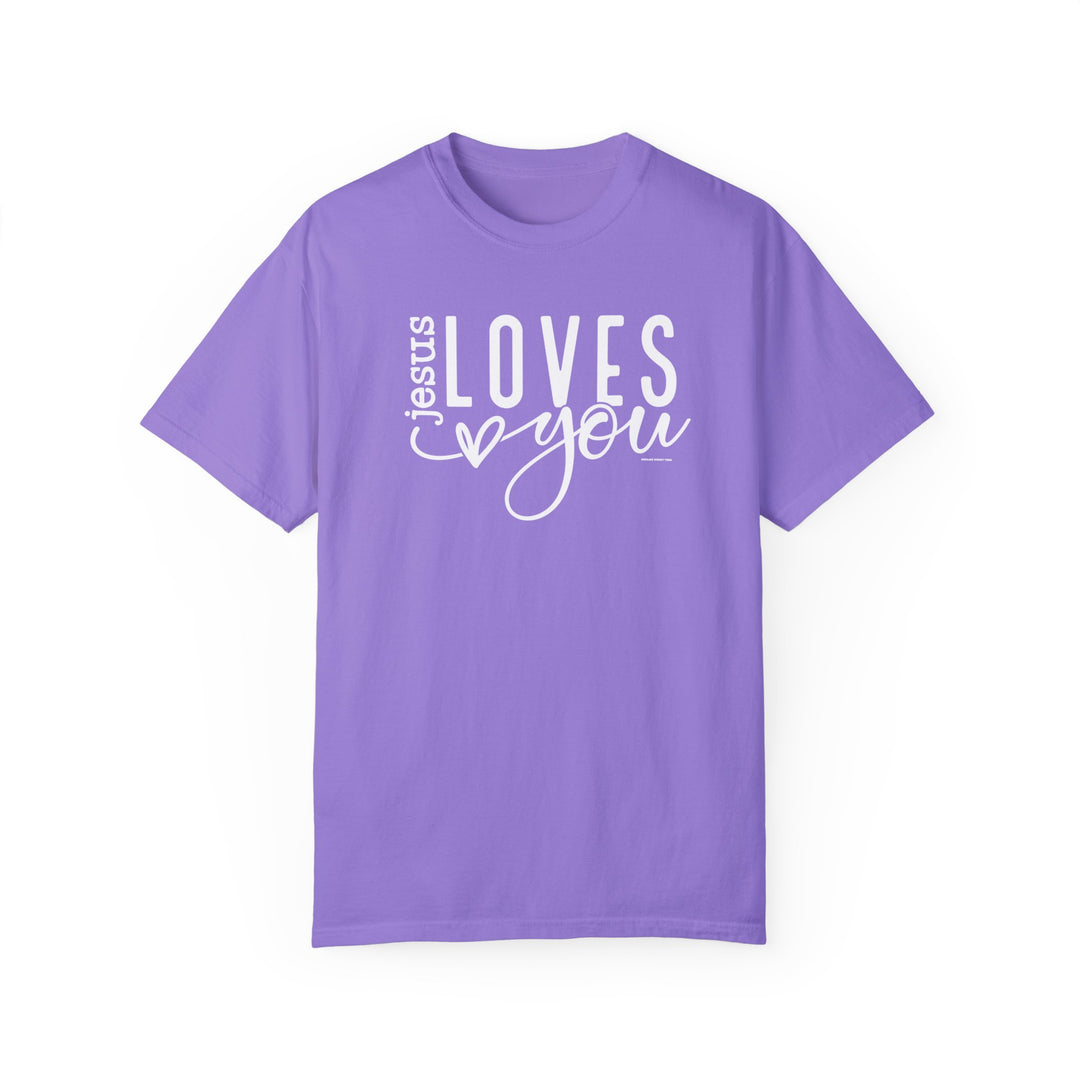 A relaxed-fit Jesus Loves You Tee crafted from 100% ring-spun cotton. Garment-dyed for extra coziness, featuring double-needle stitching for durability and a seamless design for a sleek look.
