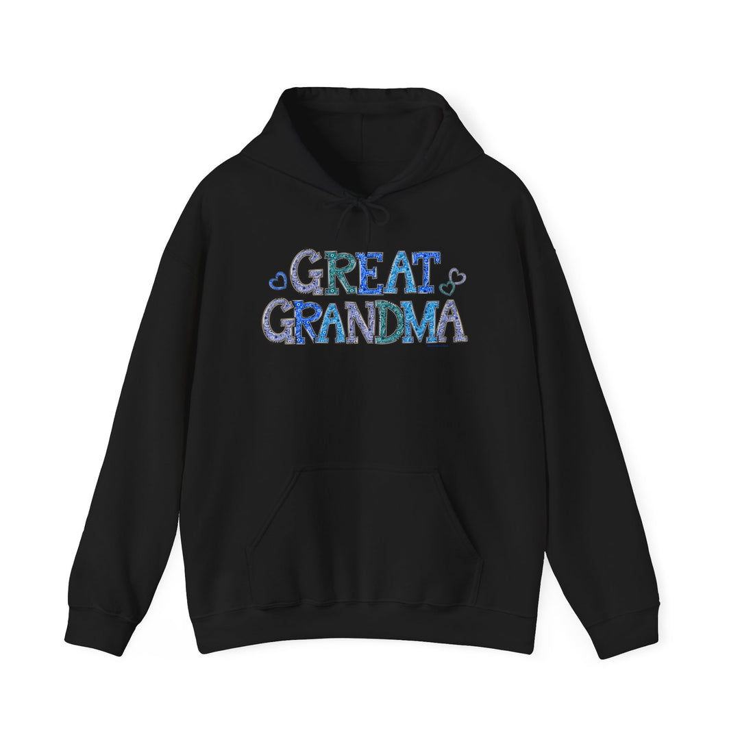 A cozy Great Grandma Hoodie in black, featuring a kangaroo pocket and matching drawstring. Unisex heavy blend fabric for warmth and comfort. Perfect for chilly days.