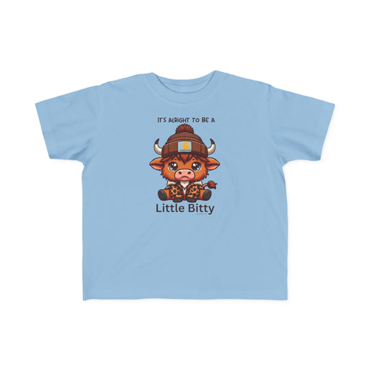 Little Bitty Toddler Tee featuring a cartoon cow in a beanie. Soft 100% combed ringspun cotton, tear-away label, classic fit. Sizes 2T to 5-6T. Perfect for sensitive skin.