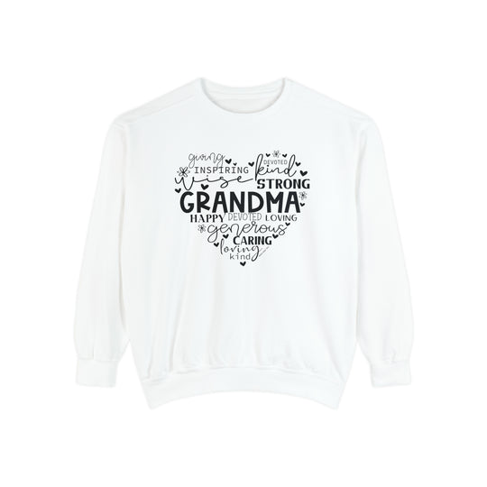 A white Grandma Crew sweatshirt with black text, made of 80% ring-spun cotton and 20% polyester. Unisex, relaxed fit, medium-heavy fabric, featuring a rolled-forward shoulder and back neck patch.