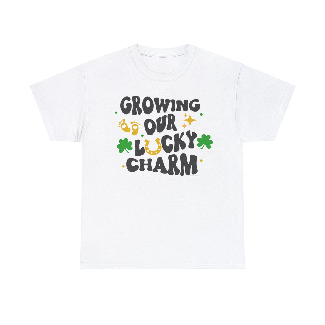 Unisex Lucky Charm Tee: A white t-shirt with words and shamrocks. Medium fabric, 100% cotton for comfort and durability. Classic fit, tear-away label, ethically sourced US cotton. Ideal for casual fashion.