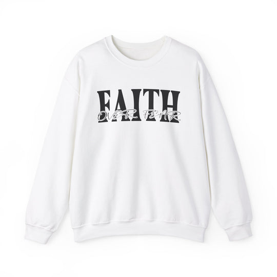 A white crewneck sweatshirt with black Faith Over Fear text. Unisex heavy blend for comfort, ribbed knit collar, no itchy seams. 50% Cotton 50% Polyester, medium-heavy fabric, loose fit, true to size.