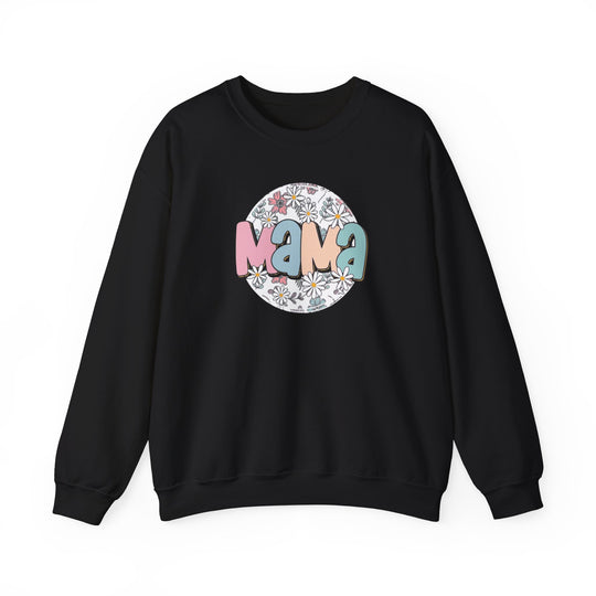 Unisex heavy blend crewneck sweatshirt, Sassy Mama Flower Crew. Graphic design: flowers, text. 50% cotton, 50% polyester, ribbed knit collar, no itchy side seams. Medium-heavy fabric, loose fit, true to size.
