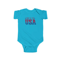 Made in the USA Onesie by Worlds Worst Tees: Infant fine jersey bodysuit in blue with red and blue text, featuring durable 100% cotton fabric, ribbed knit bindings, and plastic snaps for easy changing access.