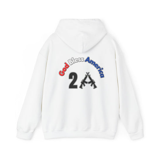 A white sweatshirt featuring a logo with guns, ideal for relaxation. Made of a cotton-polyester blend, with a kangaroo pocket and drawstring hood. Unisex, medium-heavy fabric, tear-away label, true to size.