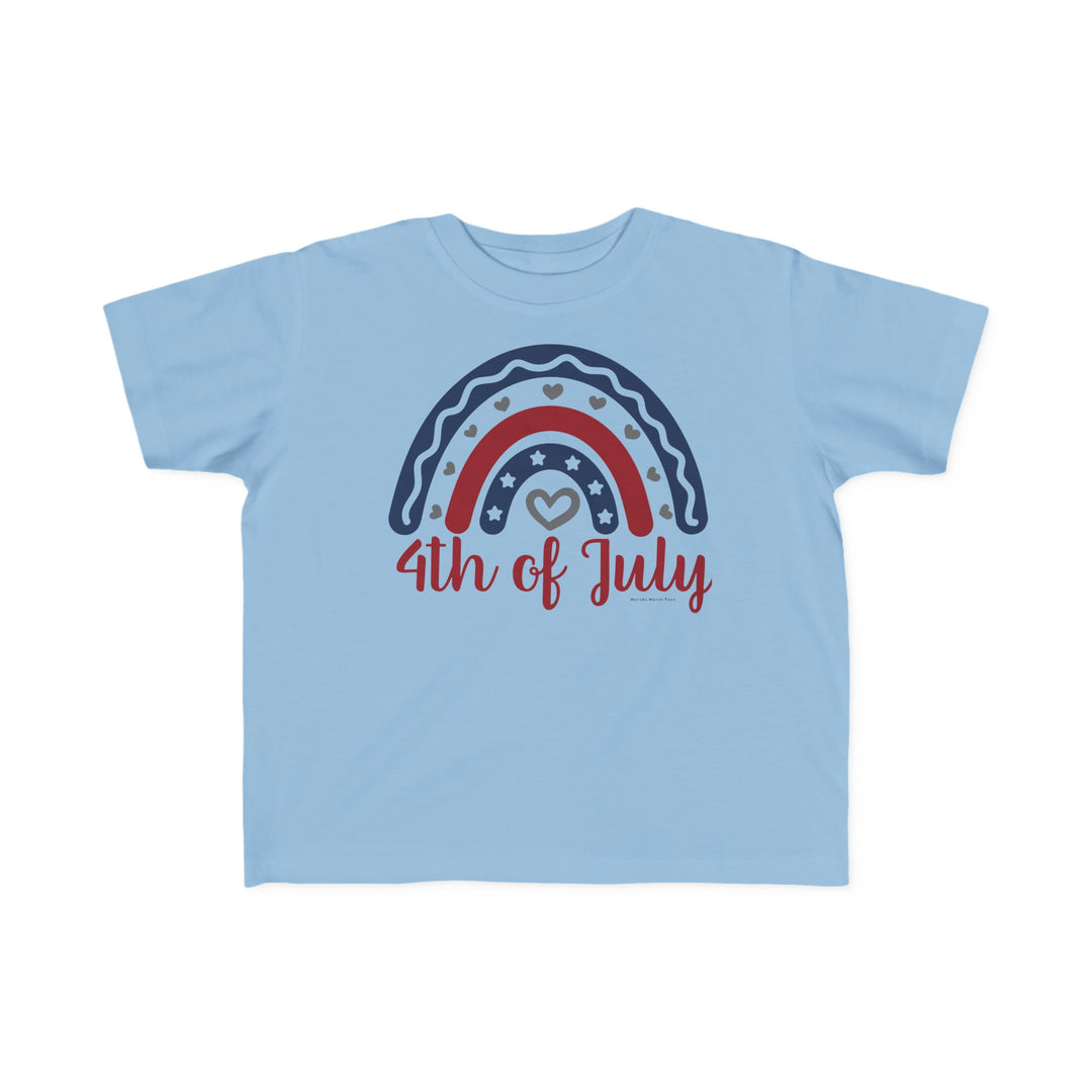 A 4th of July Toddler Tee featuring a rainbow and heart design. Made of 100% combed ringspun cotton, light fabric, tear-away label, and a classic fit. Sizes available: 2T, 3T, 4T, 5-6T.