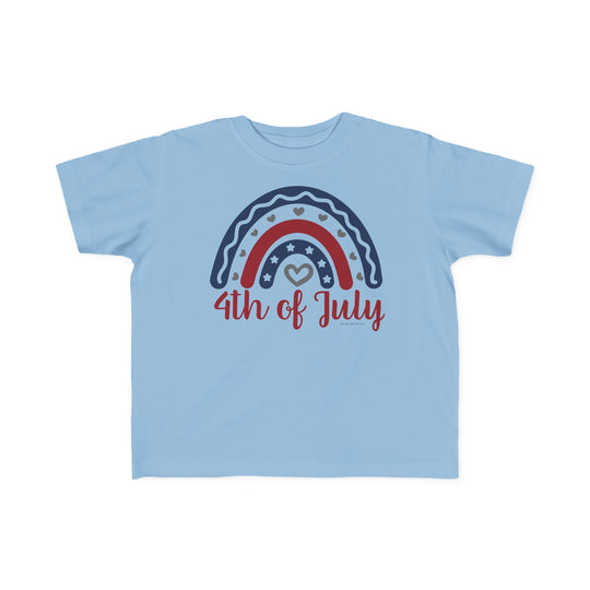A 4th of July Toddler Tee featuring a rainbow and heart design. Made of 100% combed ringspun cotton, light fabric, tear-away label, and a classic fit. Sizes available: 2T, 3T, 4T, 5-6T.