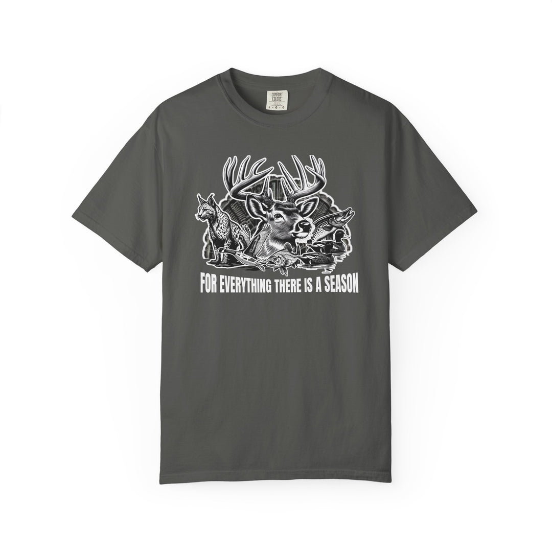 For Everything There is a Season Tee with nature-themed graphic, featuring a buck, fox, fish, and waterfowl, offering comfort and durability with its relaxed fit.
