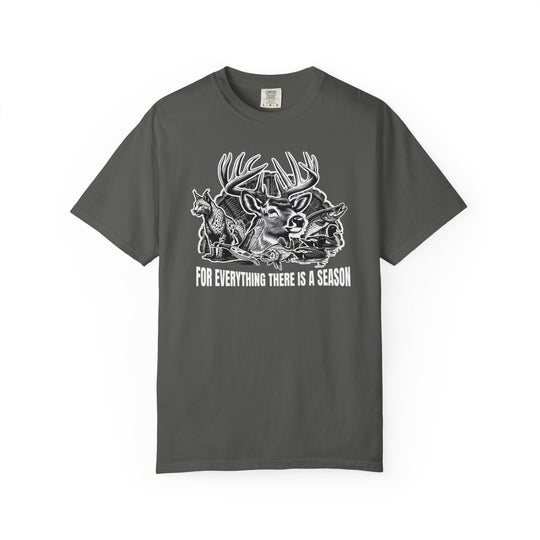 For Everything There is a Season Tee with nature-themed graphic, featuring a buck, fox, fish, and waterfowl, offering comfort and durability with its relaxed fit.