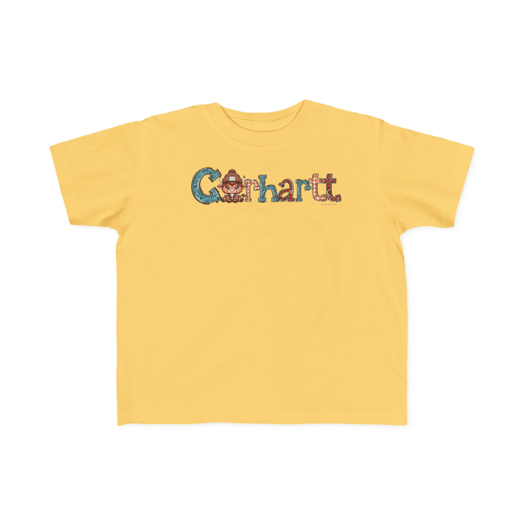 Toddler tee featuring a cartoon cow design, perfect for sensitive skin. Made of 100% combed ringspun cotton, light fabric, classic fit, tear-away label, and available in sizes 2T to 5-6T.
