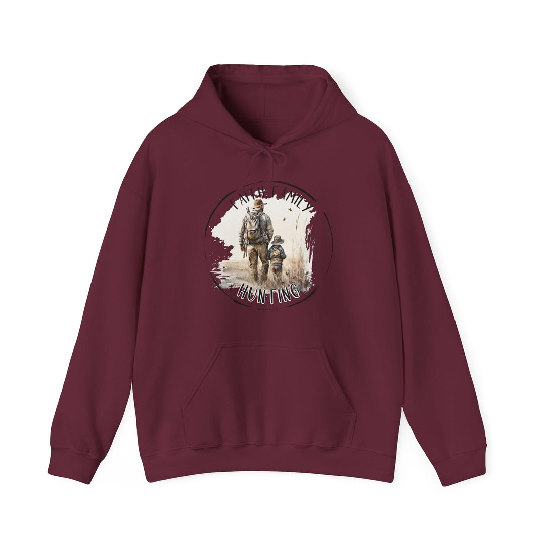 A heavy blend hooded sweatshirt featuring a man riding a horse, ideal for relaxation. Cotton-polyester fabric, kangaroo pocket, and drawstring hood. Faith Family Hunting Hoodie by Worlds Worst Tees.