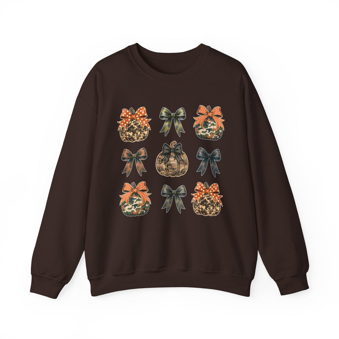 Dark-brown Bows and Pumpkins Crew sweatshirt, featuring a fall-themed 3x3 grid with camo and animal-print pumpkins, accessorized with polka-dot and camouflage bows.