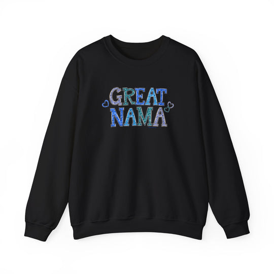 A unisex heavy blend crewneck sweatshirt, the Great Nama Crew, offers comfort with a ribbed knit collar and no itchy side seams. Made of 50% cotton and 50% polyester, it's a loose fit, medium-heavy fabric.