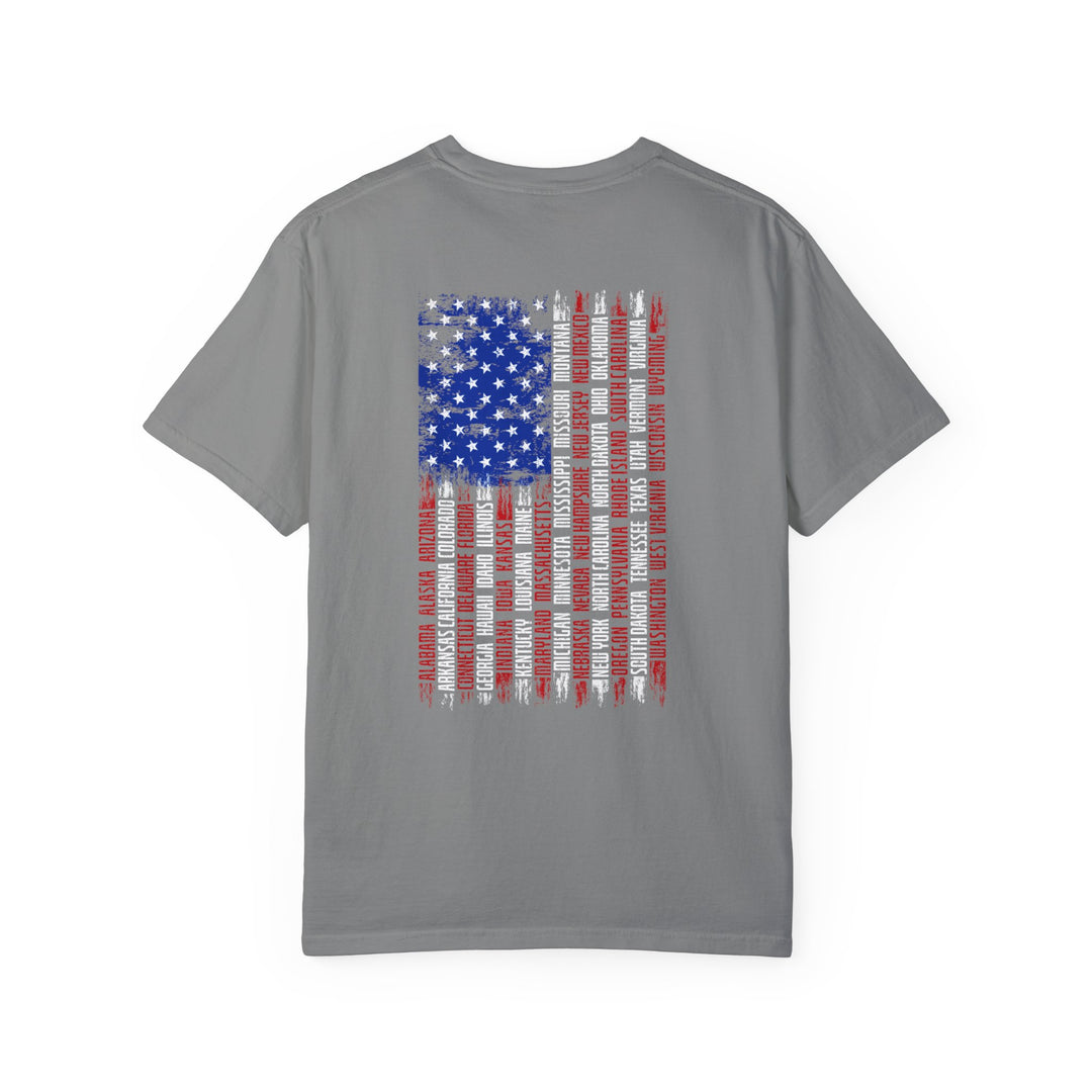 A relaxed fit State Flag Tee crafted from 100% ring-spun cotton. Garment-dyed for extra coziness, featuring double-needle stitching for durability and a seamless design for a tubular shape.