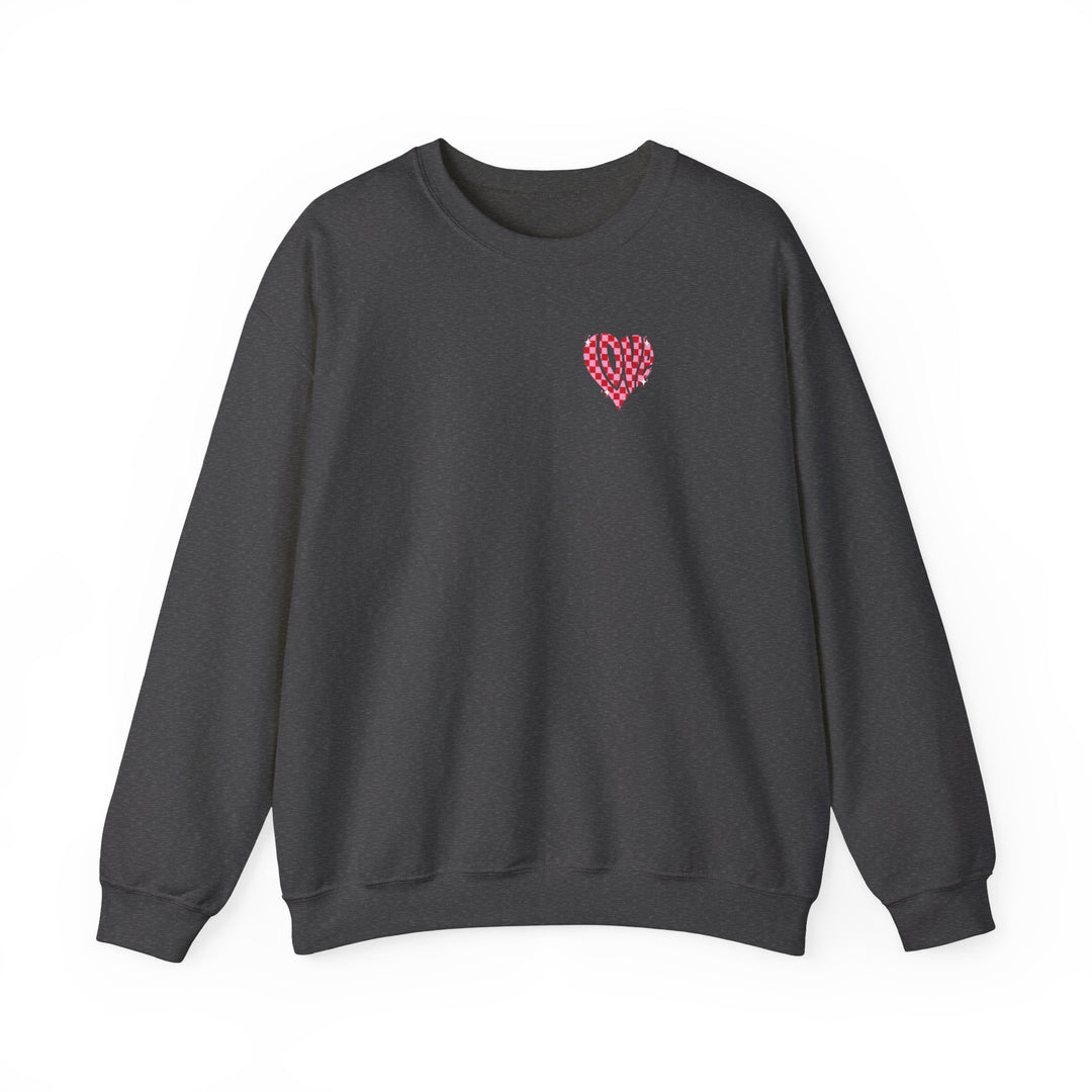 A unisex Love Crew sweatshirt in black with a heart design. Made of 50% cotton, 50% polyester blend for comfort. Ribbed knit collar, no itchy side seams. Sizes S-5XL.