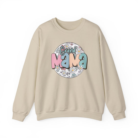 A beige crewneck sweatshirt with a graphic design featuring flowers and text, ideal for any occasion. Unisex heavy blend made of 50% cotton and 50% polyester, loose fit, and ribbed knit collar.