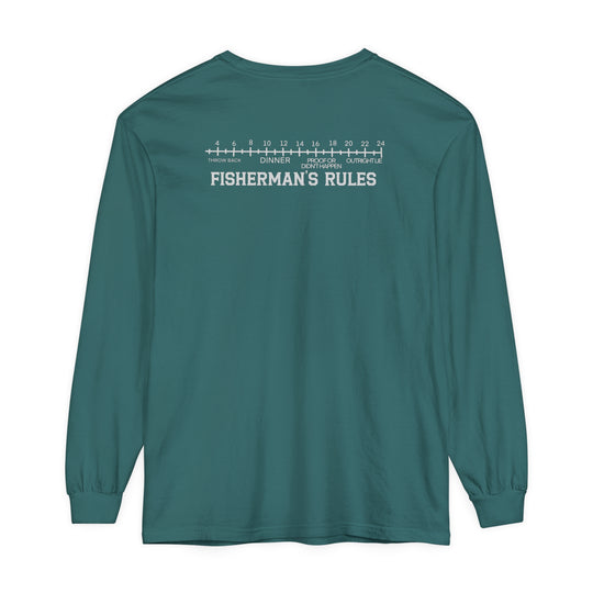 A Lucky Bones Fishing Club Long Sleeve Tee in green with white text. Made of 100% ring-spun cotton for softness and style. Classic fit, garment-dyed fabric, and relaxed comfort. Perfect for casual settings.