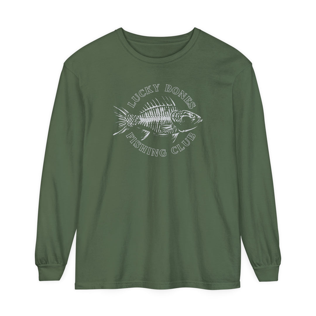 A Lucky Bones Fishing Club Long Sleeve Tee featuring a green shirt with a fish graphic. Made of 100% ring-spun cotton for softness and style, with a relaxed fit for comfort. Ideal for casual wear.