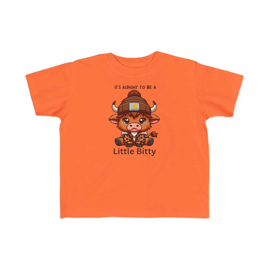 Little Bitty Toddler Tee featuring a cartoon cow graphic on an orange shirt. Soft 100% combed ringspun cotton, tear-away label, classic fit. Available in sizes 2T to 5-6T.